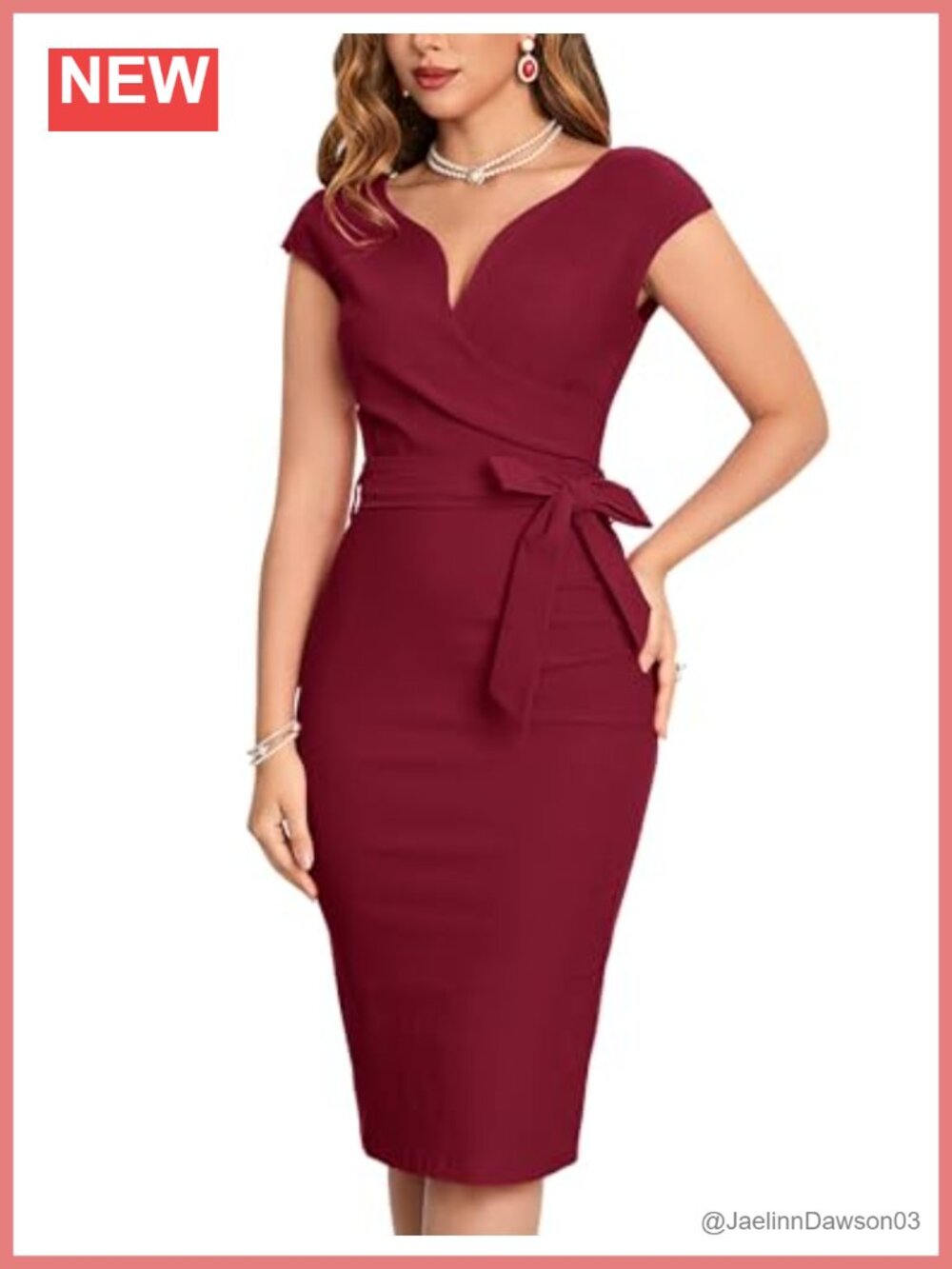Vintage 1950s Style Wrap V Neck Tie Waist Formal Cocktail Dress